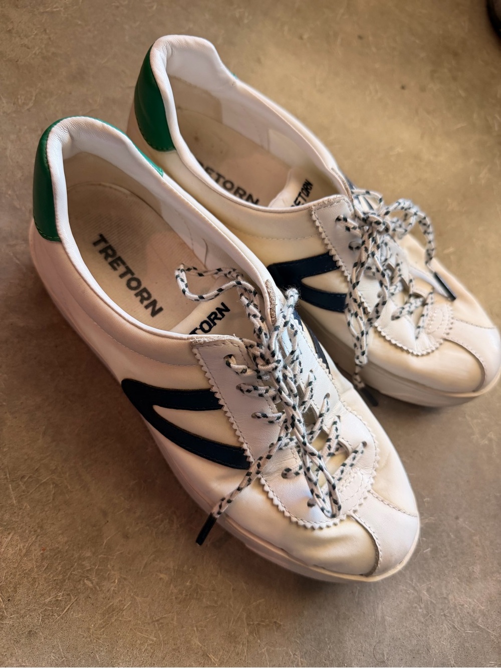 Tretorn White Leather Sneakers with Navy Side Stripes and Green Heel
